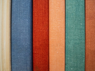 Fototapeta premium Multi-colored covers of old books. The books put in a row on the shelf. Home library