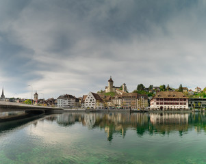 Fototapeta na wymiar view of the city of Schaffhausen in northeastern Switzerland with the bridge across the Rhine