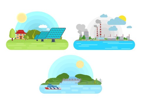 solar panels hydroelectric power plant nuclear power plant flat
