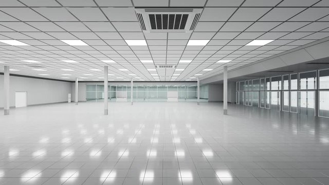 The lighting in the empty hall of the supermarket lights up and goes out in succession. 3d animation