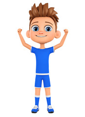 Cartoon character boy in sport uniform celebrates victory. 3d render illustration.