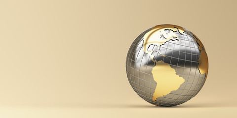 Golden globe on yellow background. 3d render Illustration for advertising.