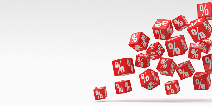 Red cubes percent falling on a white background. 3d rendering. Illustration for advertising.
