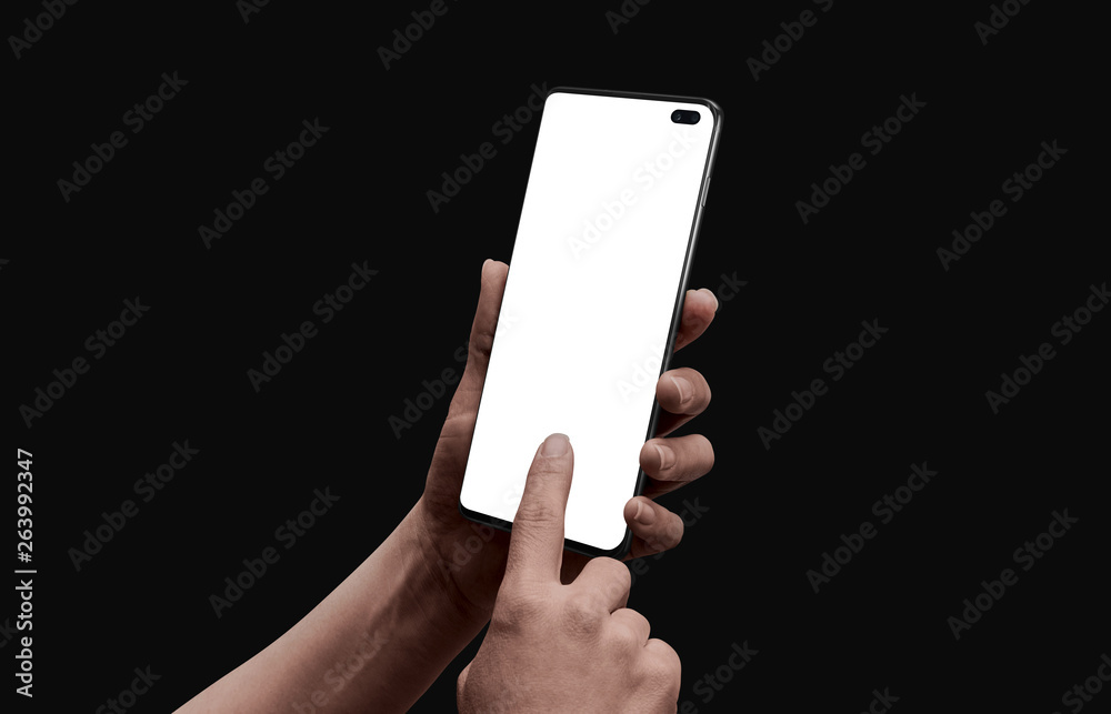 Poster woman hand touch isolated screen on modern smart phone with camera under display. low light scene fo