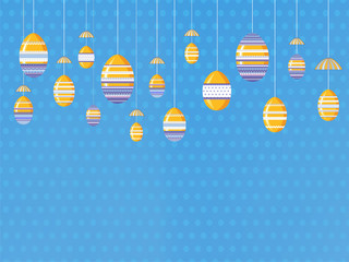 Easter blue background with hanging motley decorative eggs. Vector illustration editable for design.