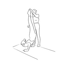 fitness woman doing yoga with her instructor in room vector illustration with black lines isolated on white background.