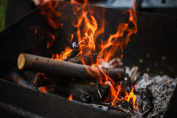 Red flame from a cut of a tree, dark gray coals inside a metal brazier. Firewood burning in a brazier on a bright yellow flame. Flames of fire preparing for cooking kebabs.