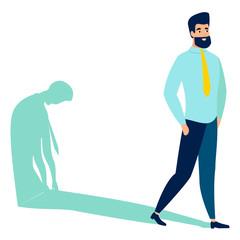 Fototapeta premium Appearance does not match the state. The face is joyful, the body is tired. Flat style. Cartoon vector