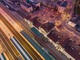 Obraz premium Rail station in Tarnow,Poland illuminated at twilight