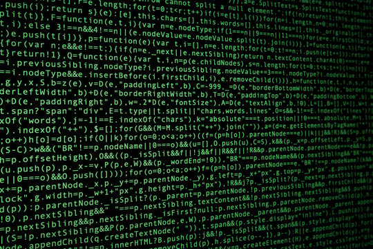 Software source code on dark background. Programming javascript code on computer screen. Console on real retina screen with pixels visible. Perspective view.