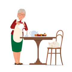 Grandma pours tea. Vector flat illustration.