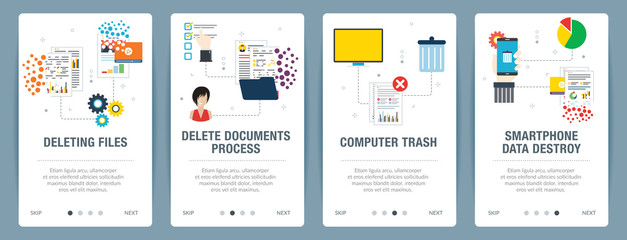Vector set of vertical web banners with deleting files, delete documents, computer trash and smartphone data destroy. Vector banner template for website and mobile app development with icon set.