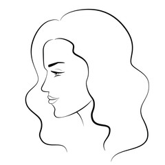 Woman young face, black outline on white background