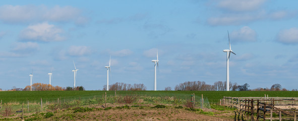 Panoramic view of 6 wind turbines on a field a spring day with slightly cloudy blue sky. Tourism, agriculture and Denmark concepts