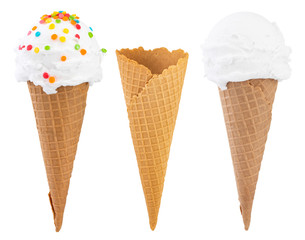 Different sorts of Ice Cream in a waffles cones isolated on white background, with clipping path