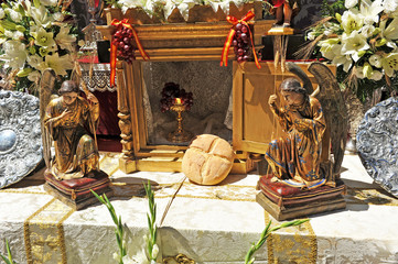 Altar in the street for the Corpus Christi procession of the neighborhood of Triana (Corpus Chico). Seville, Andalusia, Spain 