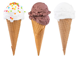 Different sorts of Ice Cream in a waffles cones isolated on white background, with clipping path