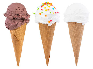 Different sorts of Ice Cream in a waffles cones isolated on white background, with clipping path