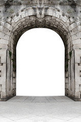 Antique stone arch isolated on white.