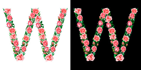 watercolor floral alphabet of roses, Monogram, capital letter W isolated on black and white background.