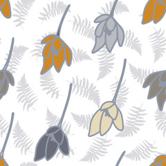 Tulips or crocuses vector seamless pattern. Floral modern background with stylized hand drawn flowers in pastel colors.