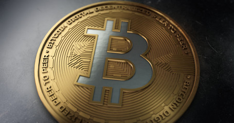 Crypto currency, bitcoin, BTC, mining, Blockchain technology. Macro shot of golden coin. 3D illustration.