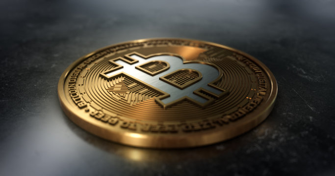 Crypto currency, bitcoin, BTC, mining, Blockchain technology. Macro shot of golden coin. 3D illustration.
