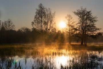 Haze on wetlands at golden hours during sunrise