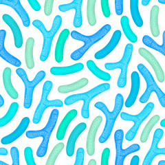 Fototapeta na wymiar Seamless pattern with probiotics. Lactic acid bacterium. Bifidobacterium, lactobacillus. Microbiome. Microbiota. Medicine or dietary supplements for gastrointestinal health. Label, wrapping. Vector