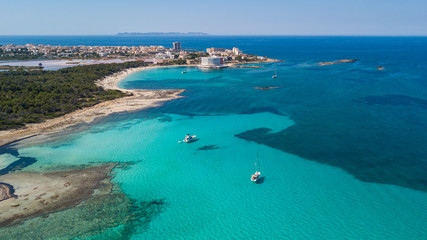 Colonia Sant Jordi, Mallorca Spain. Amazing drone aerial landscape of the charming Estanys beach. Caribbean colors, green and blue