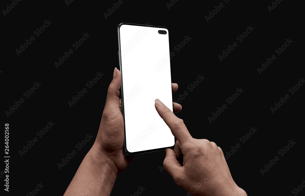 Poster smart phone mockup. modern phone with round edges on low light. woman hands holding and touch isolat