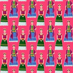 Mexican girls in costumes Frida Kahlo style. Seamless background pattern.