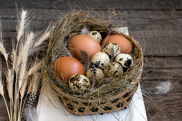 nest eggs easter wooden rustic background