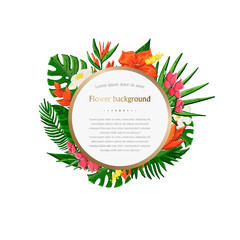 Vector Tropical plant,leaves and flowers background in circle