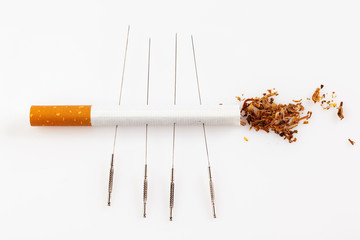 Acupuncture to stop smoking. Voodoo cigarettes. Acupuncture needles are on the cigarette....