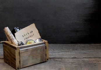 Travel and vacation, wooden box table background, compass, map