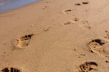 Human footprints on the sandy beach. Summer vacation concept