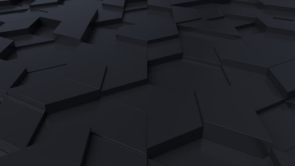 black abstract background with techie hexagons and triangles, 3D rendering, 3d illustration