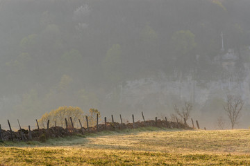 Clôture en pierre sèche sur les plateaux de Baume-les-Messieurs, Jura, France