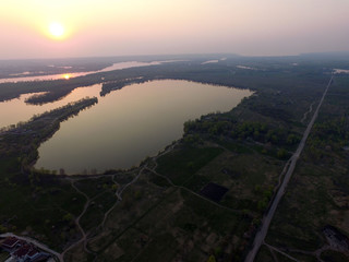 Aerial view of the Saburb landscape / Dnepr river (drone image).  Near Kiev,Ukraine