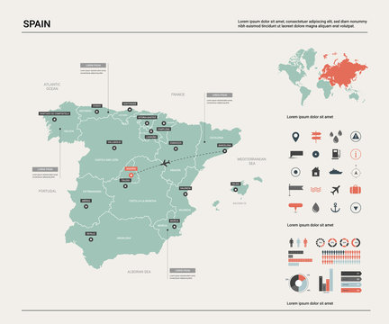 Vector map of Spain. High detailed country map with division, cities and capital Madrid. Political map,  world map, infographic elements.