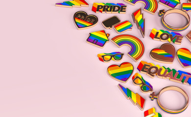 Various items connected with gay pride laying flat on pastel pink background. Top view with copy...