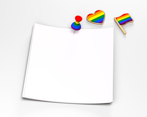 Empty paper square with copy space for your text pinned with rainbow colored pin and gay pride flag and heart. Isolated on white background. 3D rendering