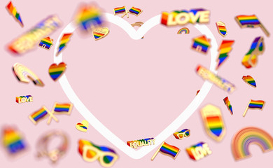 Floating various objects connected with gay pride on pastel pink background and copy space inside the heart shaped white frame. 3D rendering