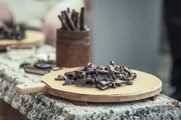 Dark chocolate on a tray