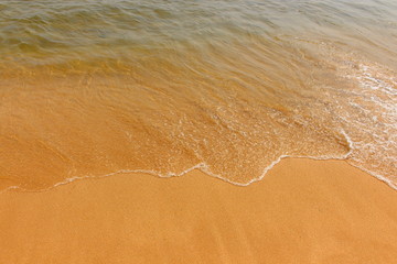 Calm sea waves lapped the golden sand of the beach. End of the wave. Background for design postcard or poster with copy space. View from above