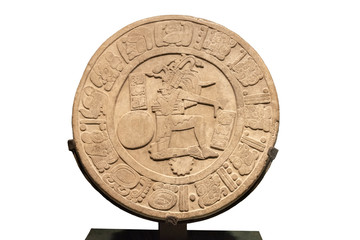 Original Mayan engraved round stone. Chiapas, Mexico (AD, 591). This bass relief disc shows a ball...