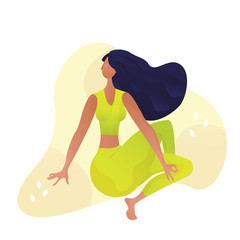 Young yogi woman practicing yoga concept, sitting in pose, asana and wearing sportswear bra and pants. Vector illustration