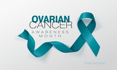 Ovarian Cancer Awareness Calligraphy Poster Design. Realistic Teal Ribbon. September is Cancer Awareness Month. Vector