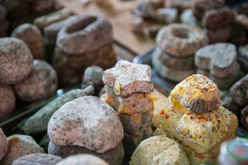 Photo of varieties of Georgian cheese on Tbilisi streets for graphic and web design, for website or mobile app.